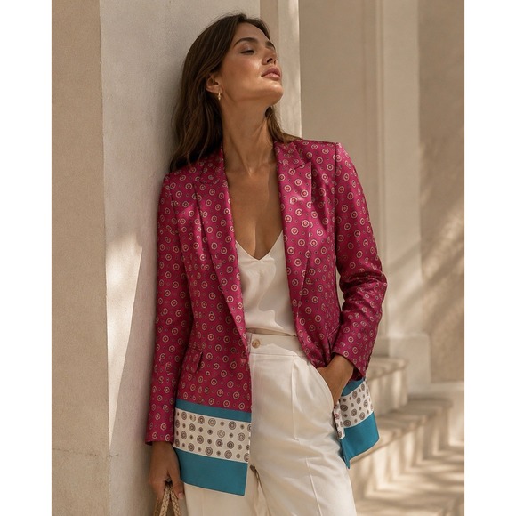 Zara Jackets & Blazers - ZARA Printed Satin Blazer Women XS Pink Blue Geometric Longline Jacket 3215/208